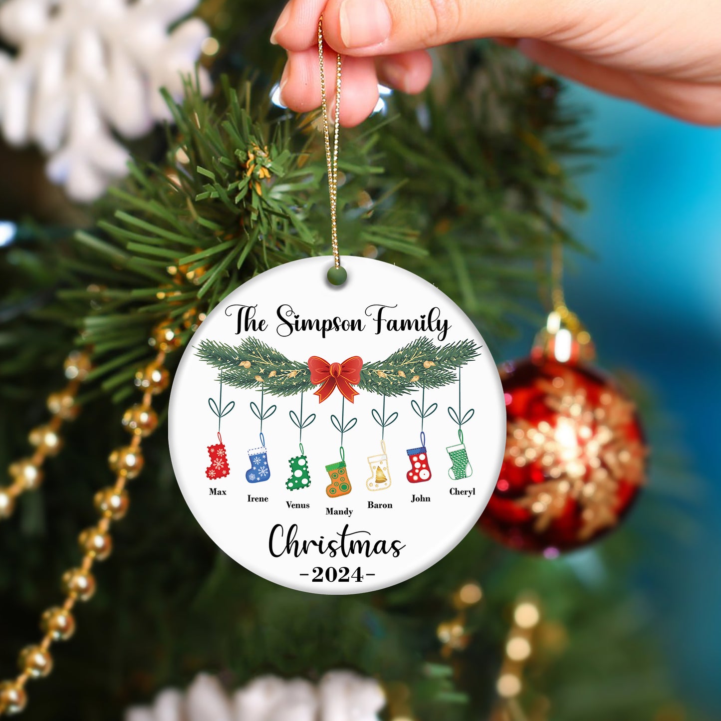 Family - Our First Christmas As A "" - Personalized Circle Ceramic Socks Christmas Ornament