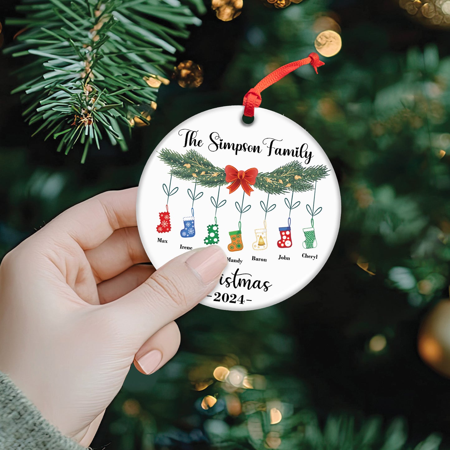 Family - Our First Christmas As A "" - Personalized Circle Ceramic Socks Christmas Ornament