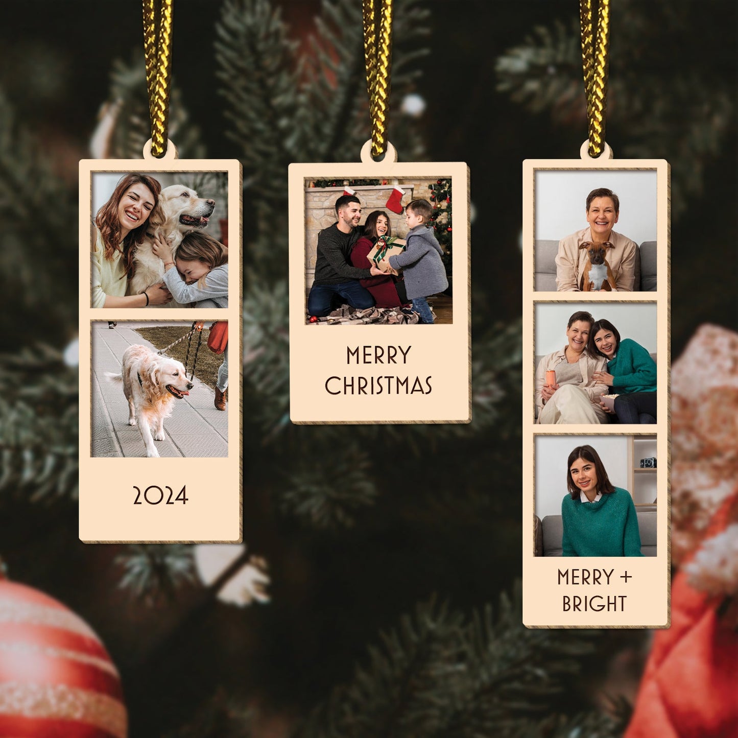 Family - Merry Christmas - Personalized 2-Layered Mix Photo Strip Ornament