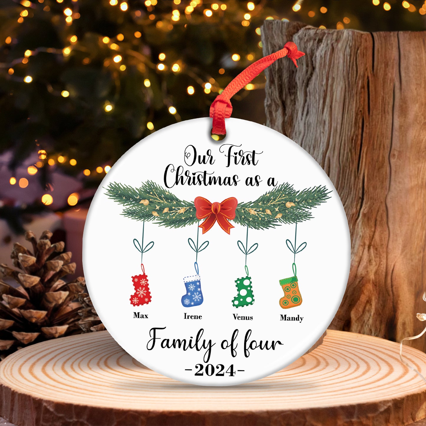 Family - Our First Christmas As A "" - Personalized Circle Ceramic Socks Christmas Ornament