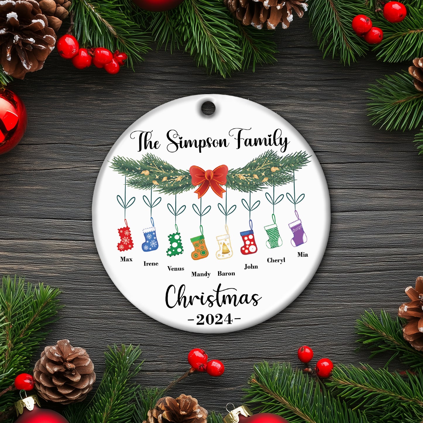 Family - Our First Christmas As A "" - Personalized Circle Ceramic Socks Christmas Ornament