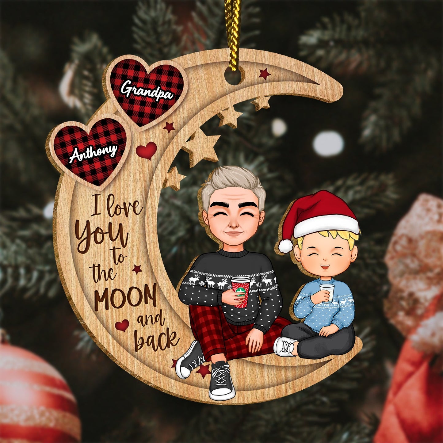 Family - Checkered Pattern Heart Cute Grandma & Grandkid Sitting On Moon - Personalized Wooden Ornament