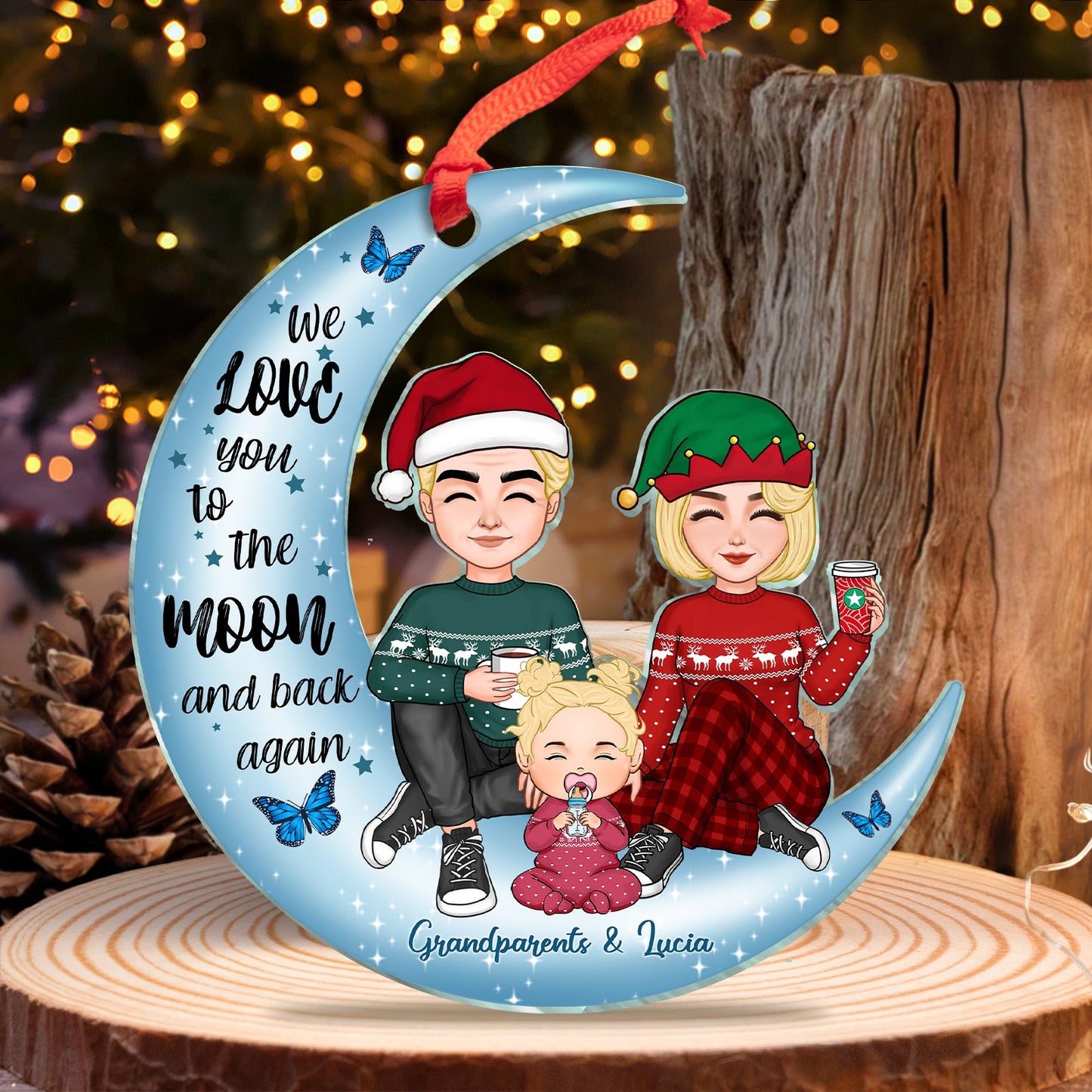 Family - Cute Grandma & Grandkid On Moon - Personalized Acrylic Ornament