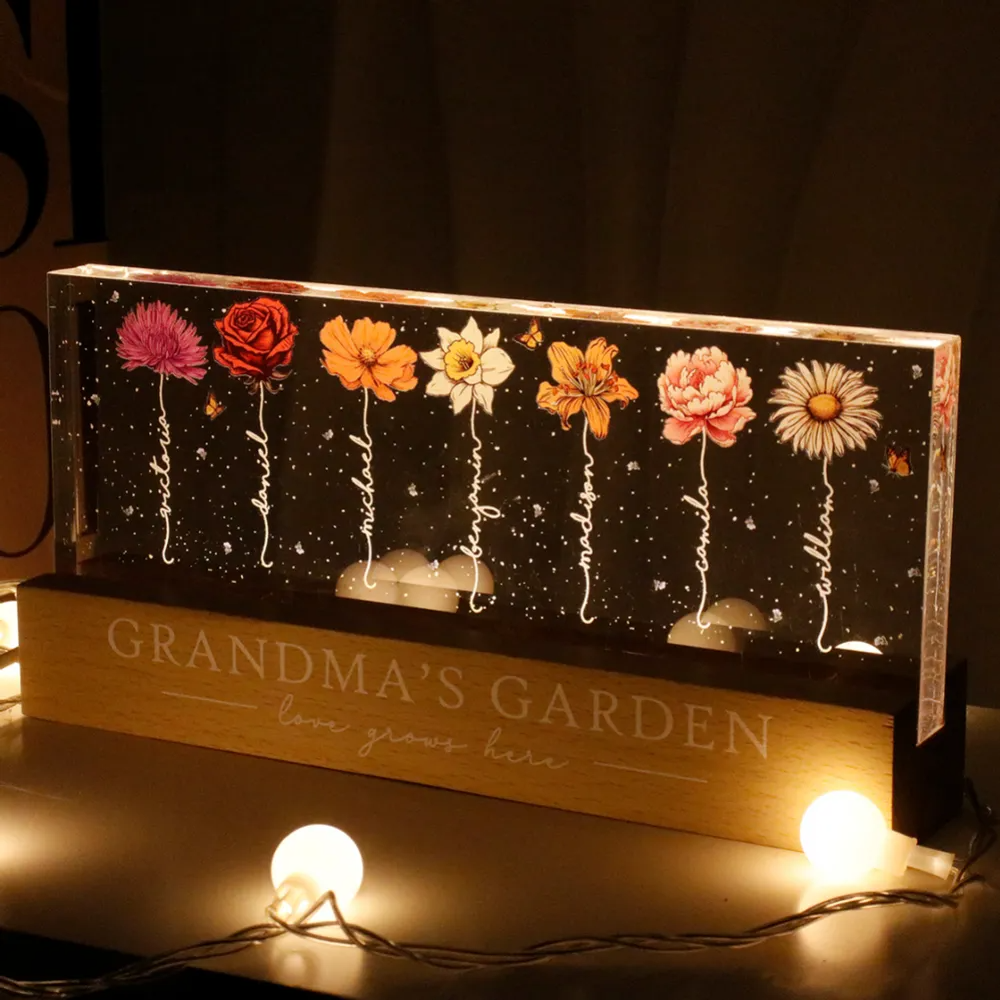 Grandma‘s Garden Birth Month Flower Personalized LED Night Light, Gift For Grandma Mom