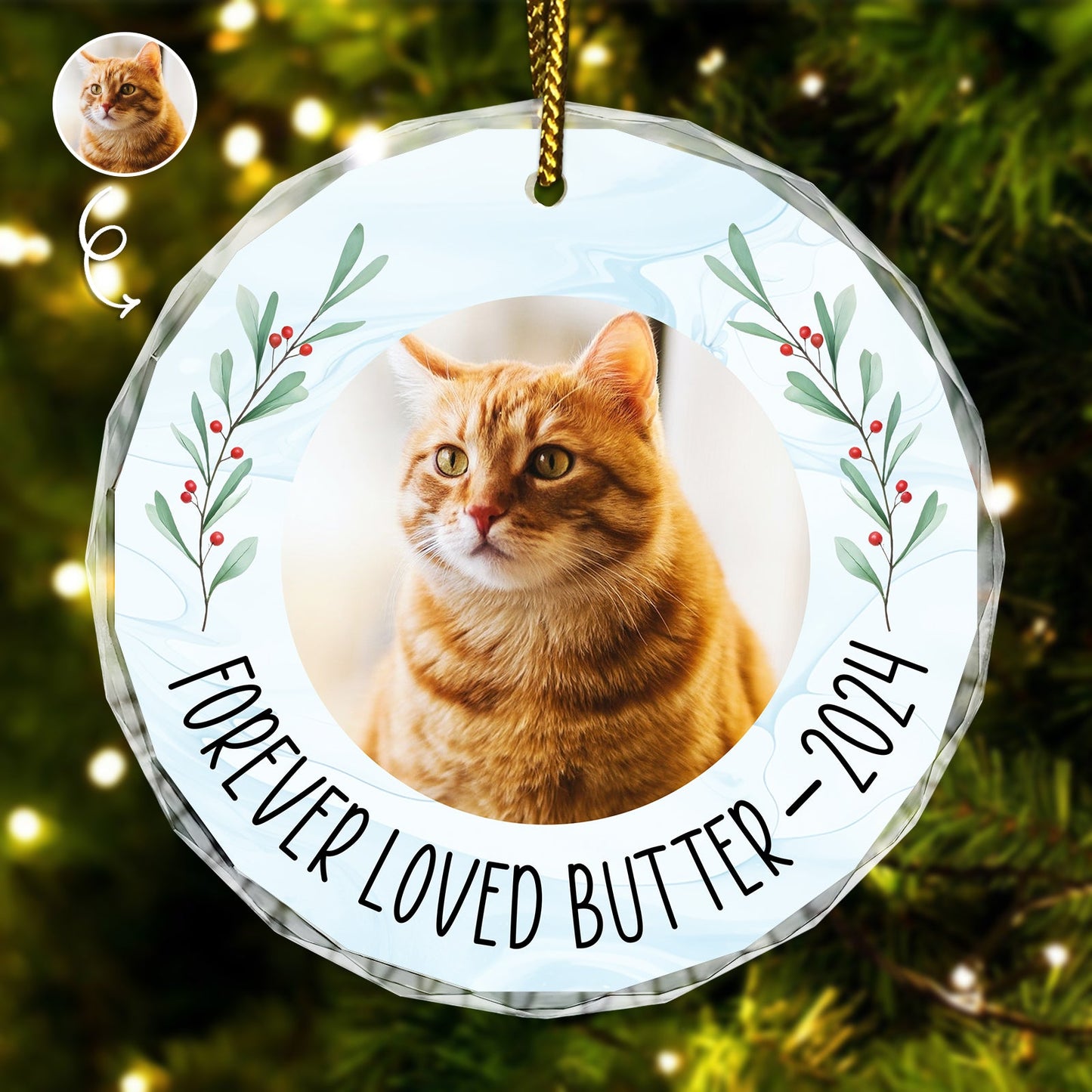 Pet Lovers - Custom Photo Forever Loved Memorial - Personalized Circle Glass Ornament