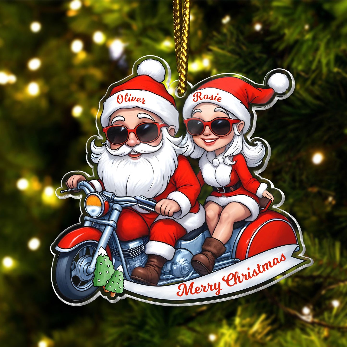 Christmas - Mr and Mrs Claus Motorcycle - Personalized Acrylic Ornament