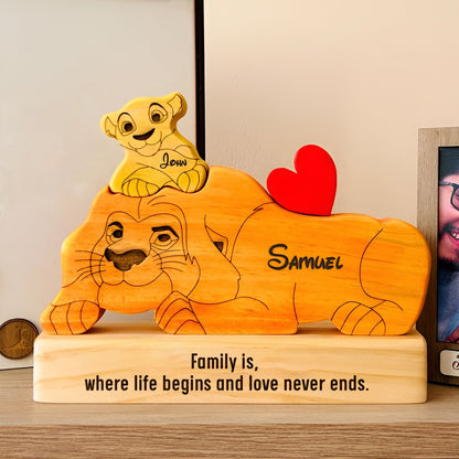 Father - Lion King Dad And Puppy - Personalized Wooden Puzzle