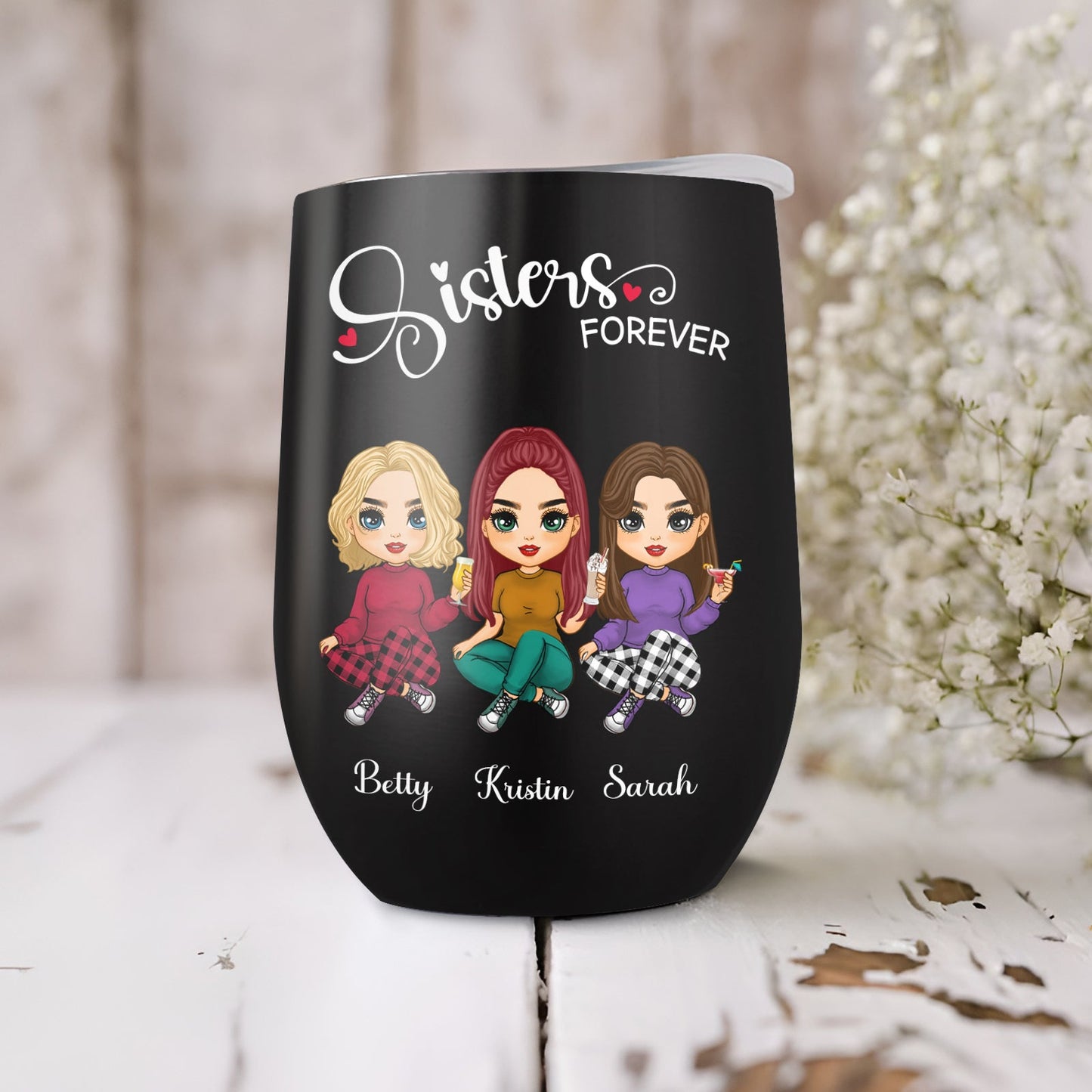 Besties - Sister Forever - Personalized Black Wine Tumbler