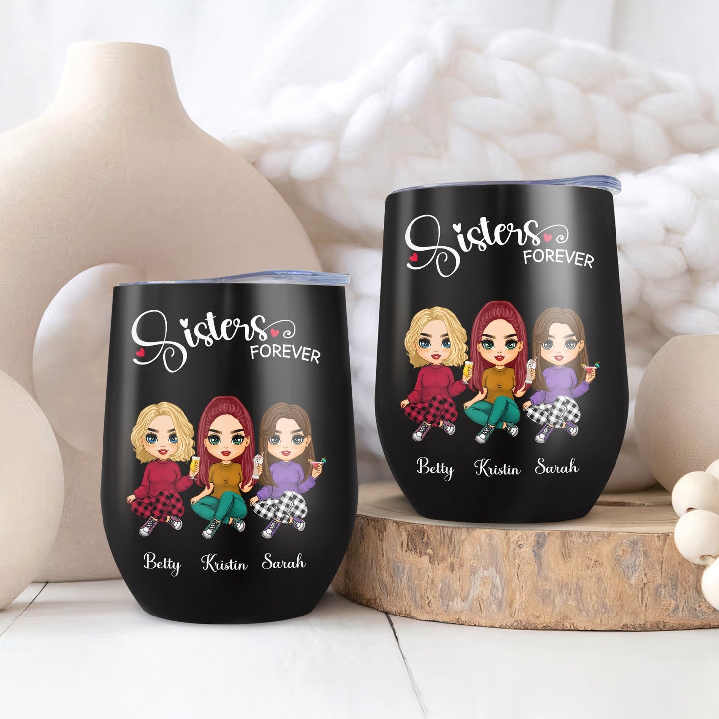 Besties - Sister Forever - Personalized Black Wine Tumbler