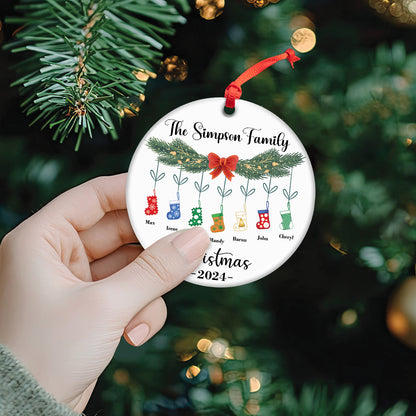 Family - Our First Christmas As A "" - Personalized Circle Ceramic Socks Christmas Ornament