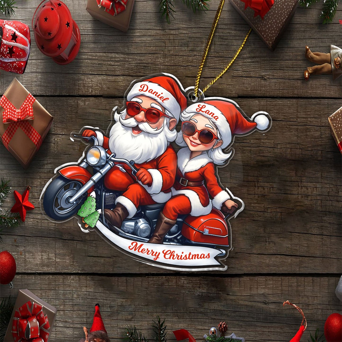 Christmas - Mr and Mrs Claus Motorcycle - Personalized Acrylic Ornament