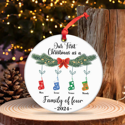 Family - Our First Christmas As A "" - Personalized Circle Ceramic Socks Christmas Ornament