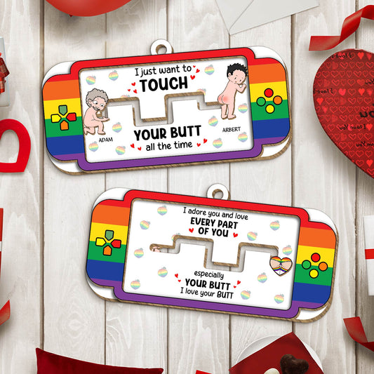 Couple - I Just Want To Touch Your Butt All The Time - Personalized Wooden Slider Card Keychain