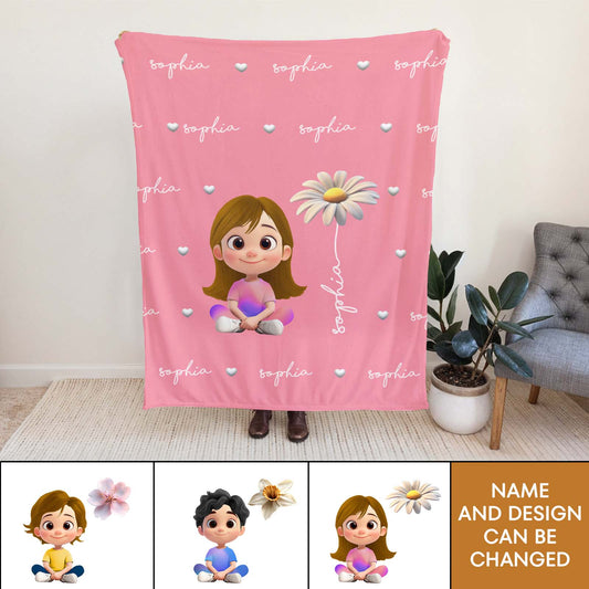 Family - Kid And Flower - Personalized Blanket