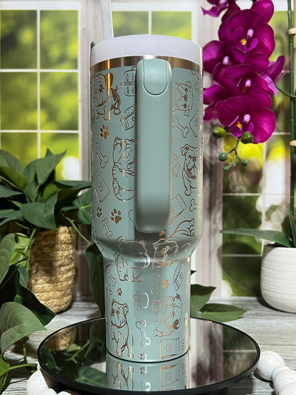 Tumbler English Bulldog Doodles Laser Engraved 40oz, Custom Engraved Seamless Tumble with Handle Lid and Strawr