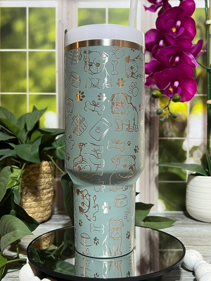 Tumbler English Bulldog Doodles Laser Engraved 40oz, Custom Engraved Seamless Tumble with Handle Lid and Strawr