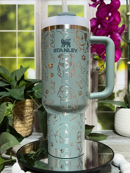 Tumbler English Bulldog Doodles Laser Engraved 40oz, Custom Engraved Seamless Tumble with Handle Lid and Strawr