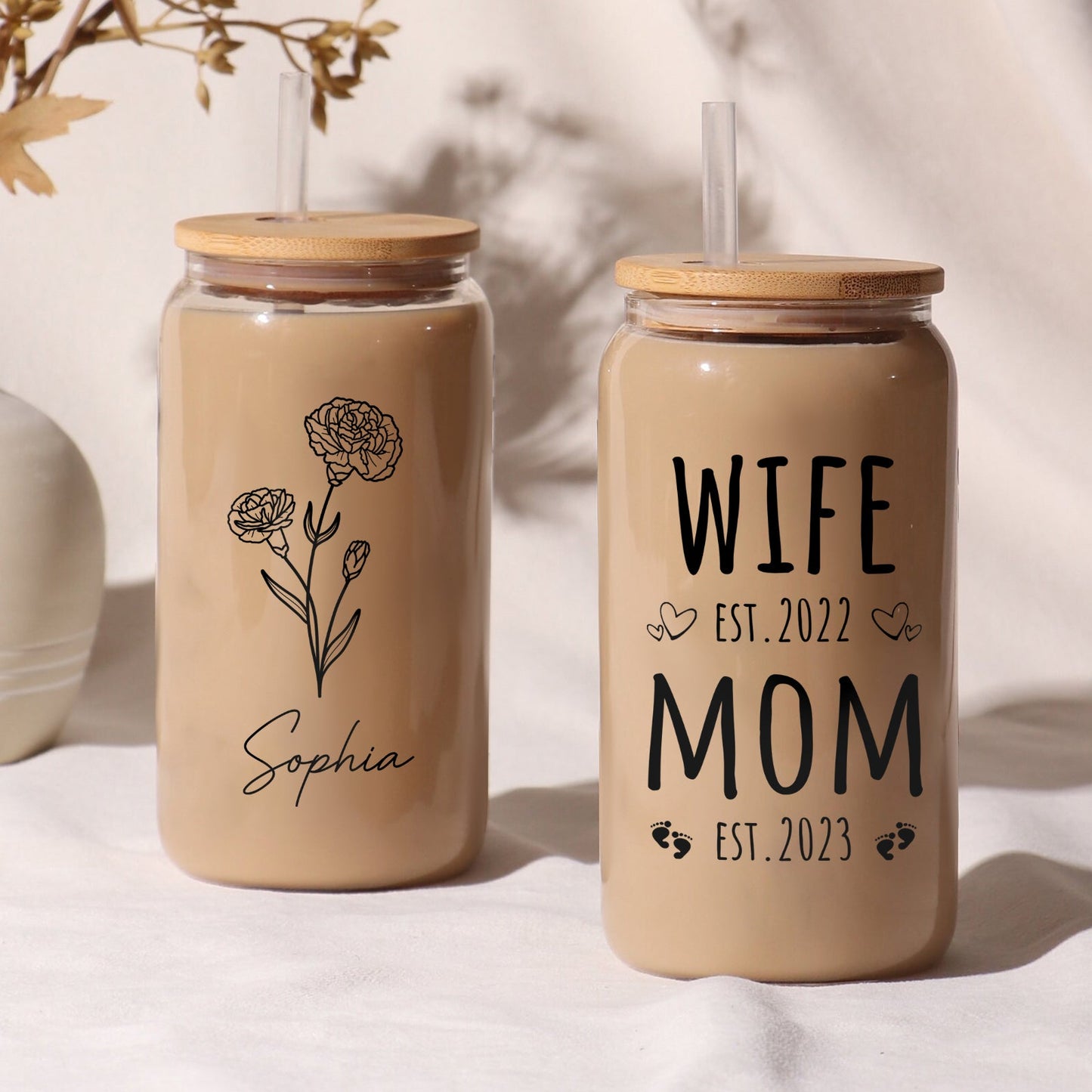 Mother's Day - Wife Mom Est Birthflower - Personalized Clear Glass Can