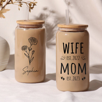 Mother's Day - Wife Mom Est Birthflower - Personalized Clear Glass Can