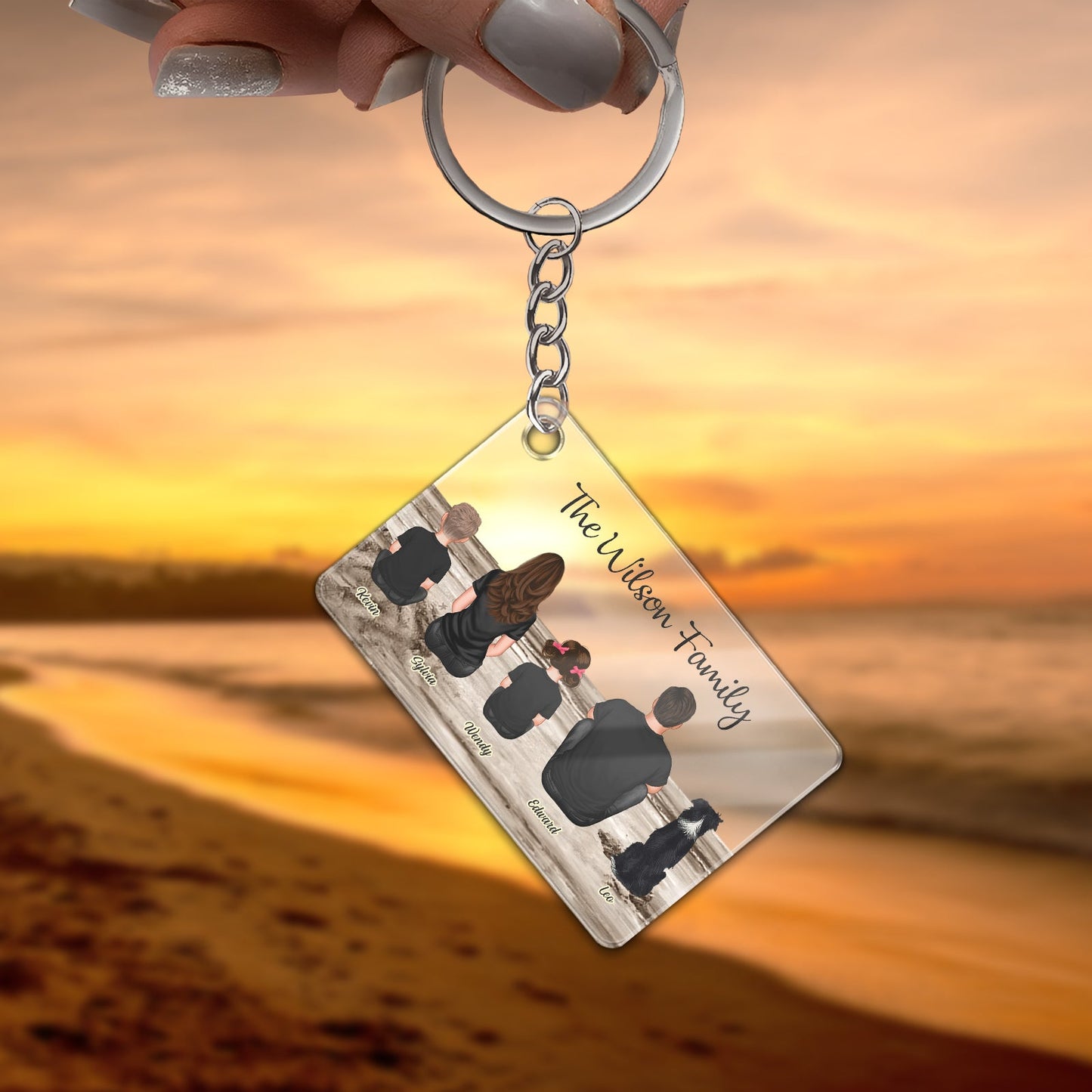 Family - Family Sitting Back View Retro Vintage Beach Landscape -Personalized  Acrylic Keychain