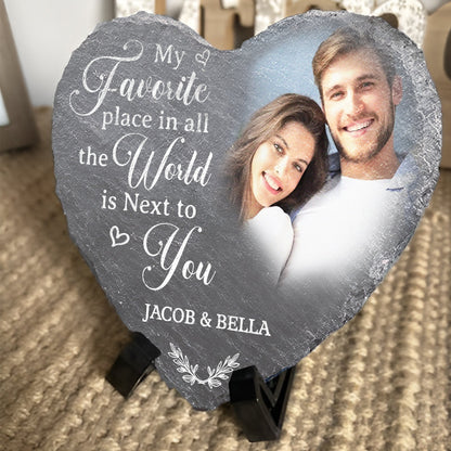 Couple - My Favorite Place In All The World Is Next To You - Personalized Heart Shaped Stone