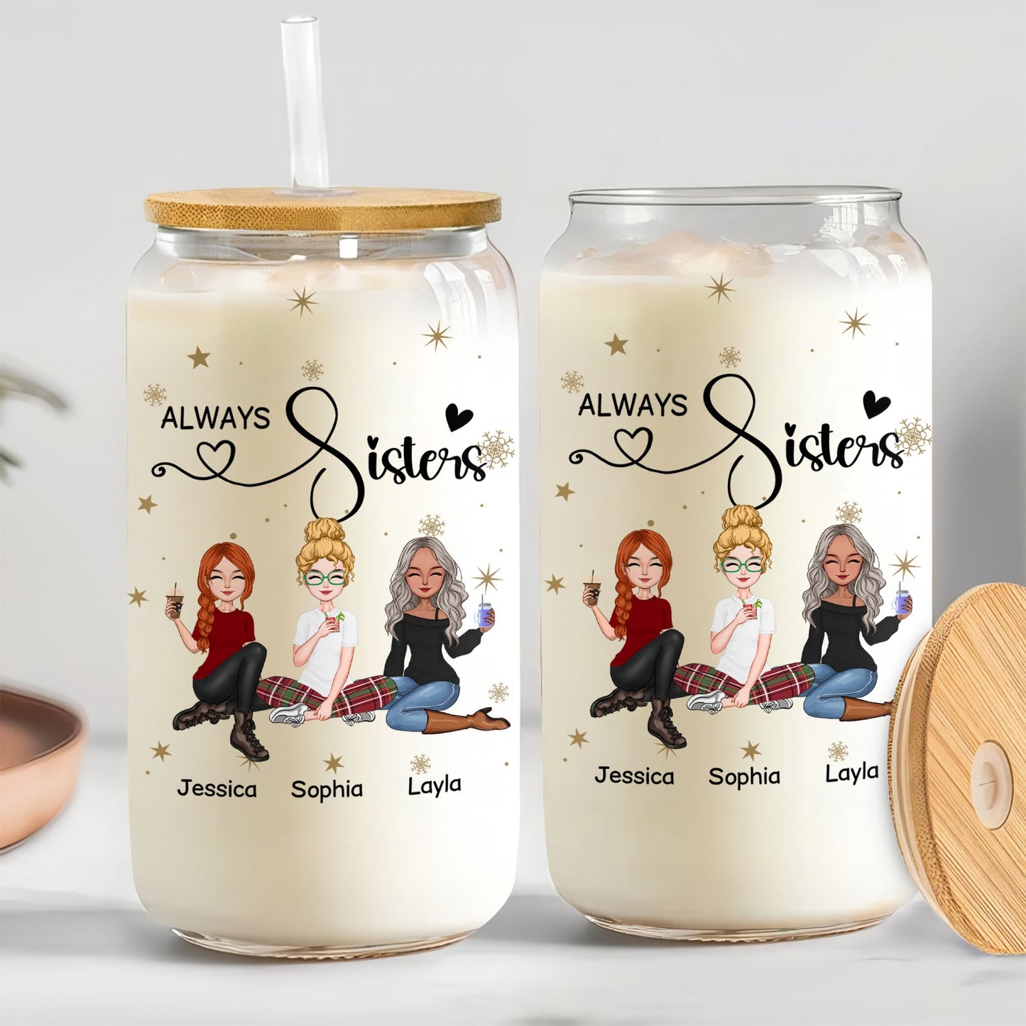 Besties - Always Sisters - Personalized Clear Glass Can